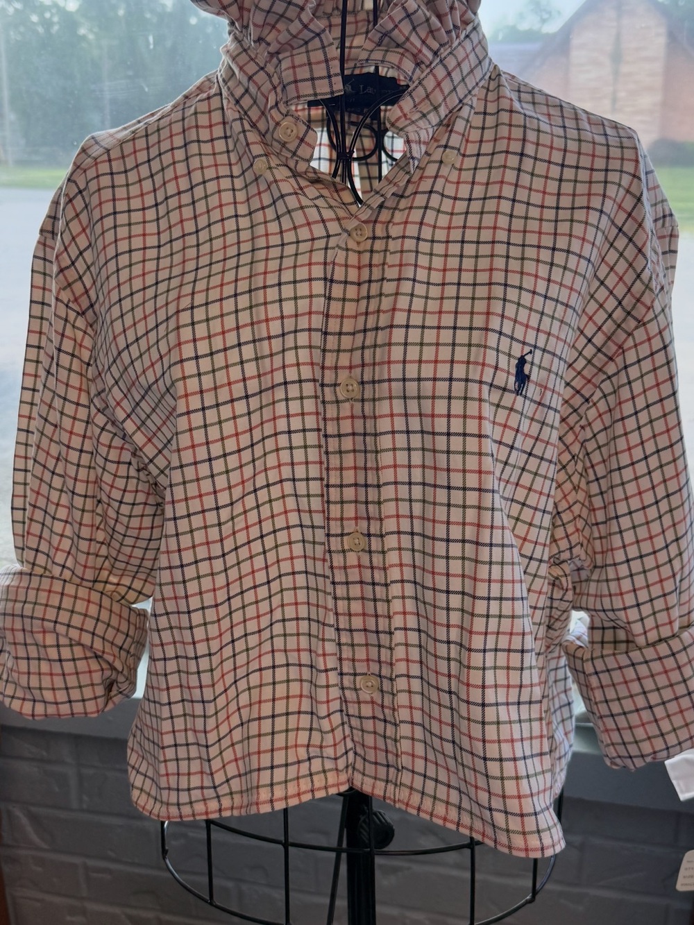 Repurposed Ralph Lauren White Button-Down Shirt with Red & Navy Windowpane Check - Picture 2 of 2